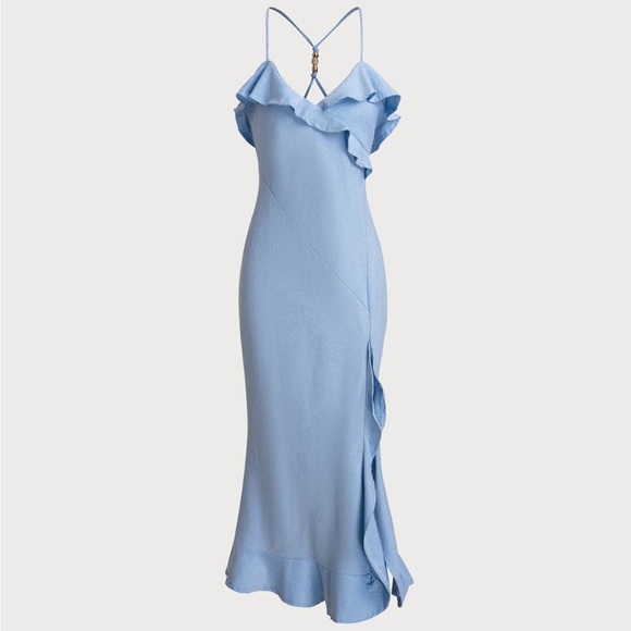RIHOAS Dresses & Skirts - Blue V Neck Mermaid Ruffle Slip Midi Dress